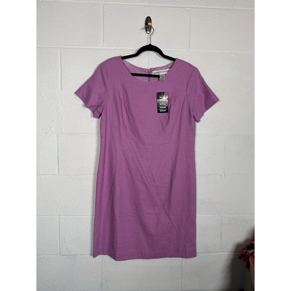 Vintage Adolfo Studio Linen Blend Sheath Dress Purple Short Sleeve 14 NWT